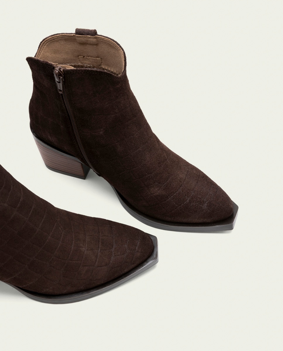 Botín cowboy de mujer de serraje con cremallera - Porronet - Moka Moka-4