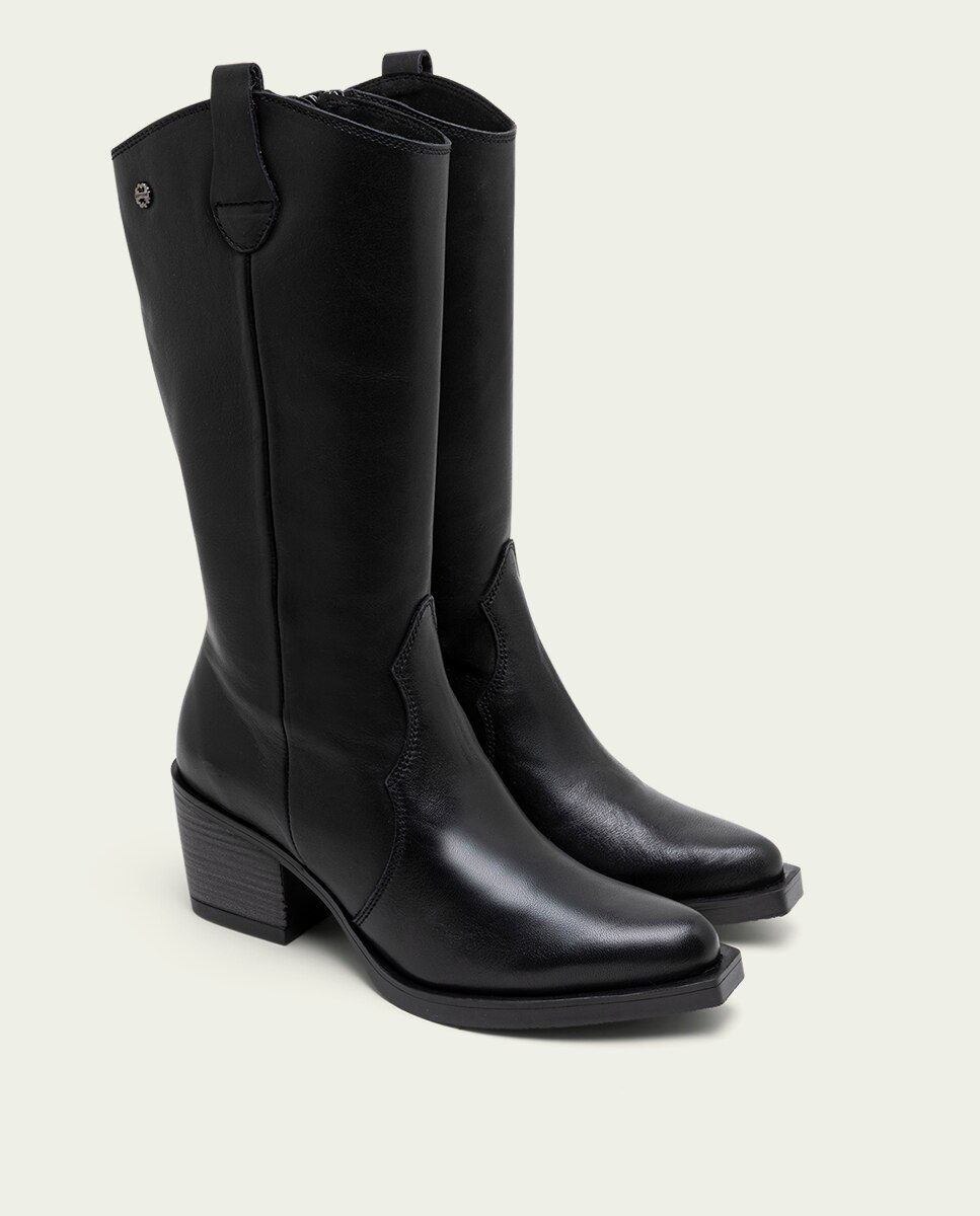 Bota cowboy de mujer de piel con cremallera - Porronet - Negro Negro-2