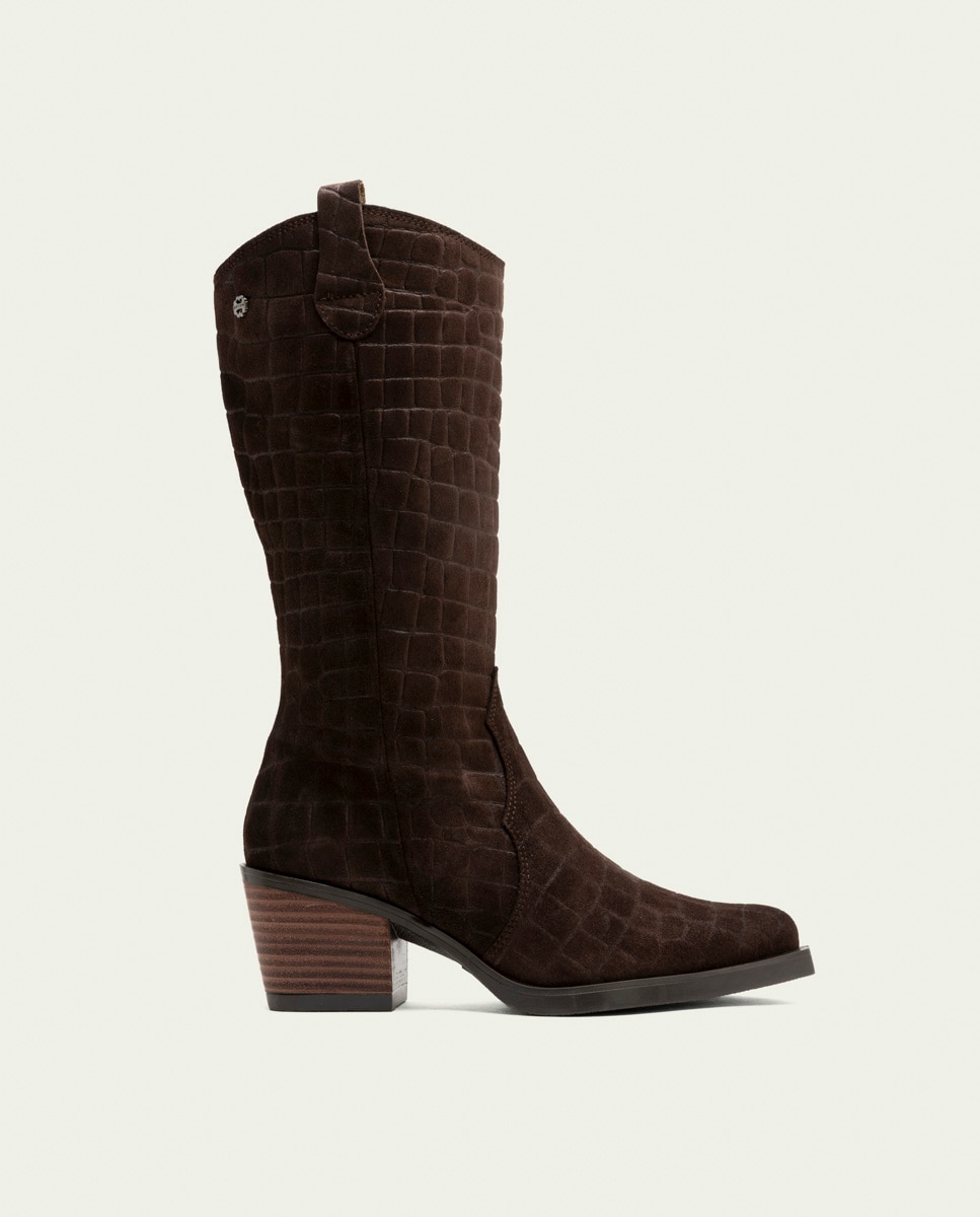 Bota cowboy de mujer de serraje grabado coco con cremallera - Porronet - Moka Moka-1