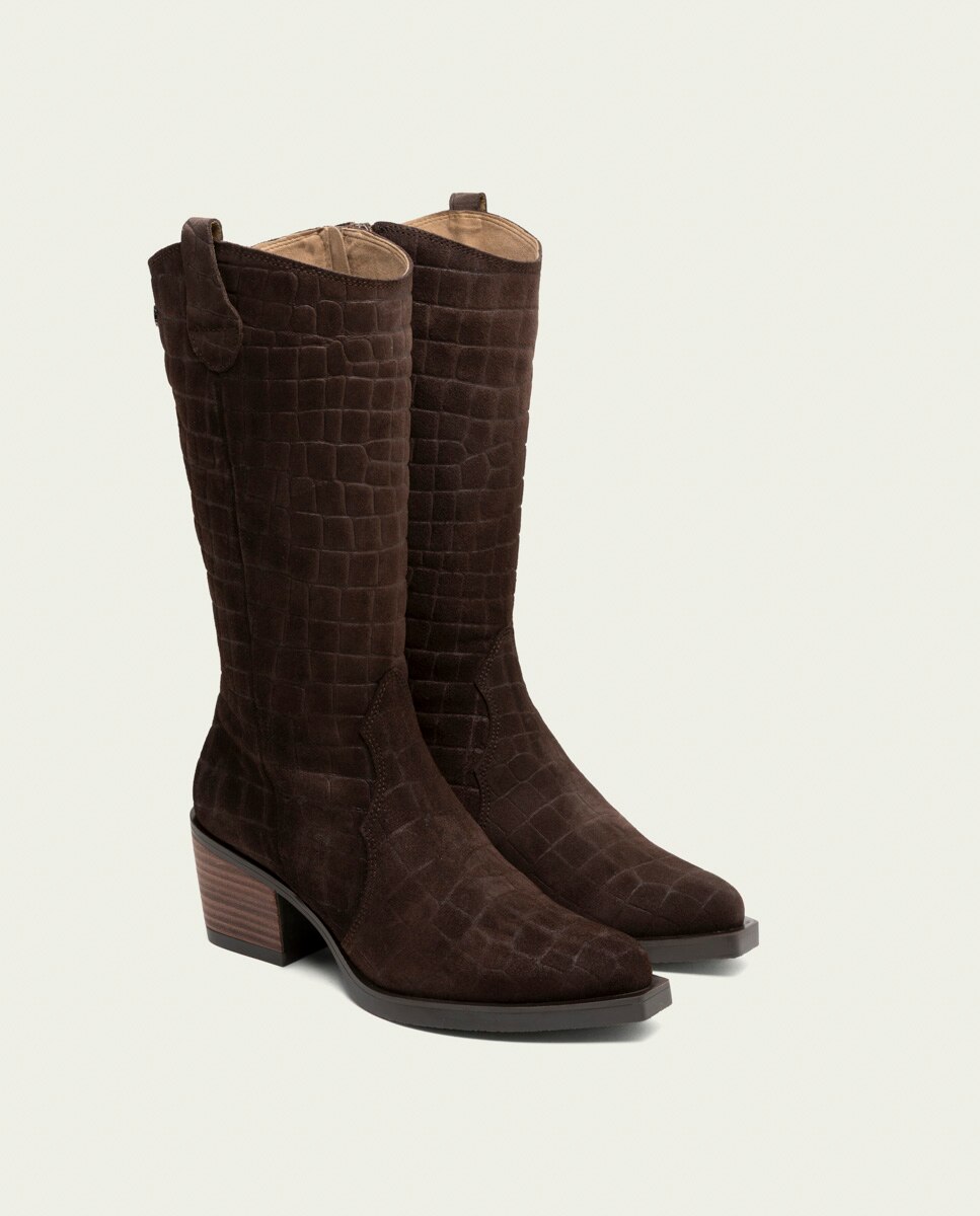 Bota cowboy de mujer de serraje grabado coco con cremallera - Porronet - Moka Moka-3