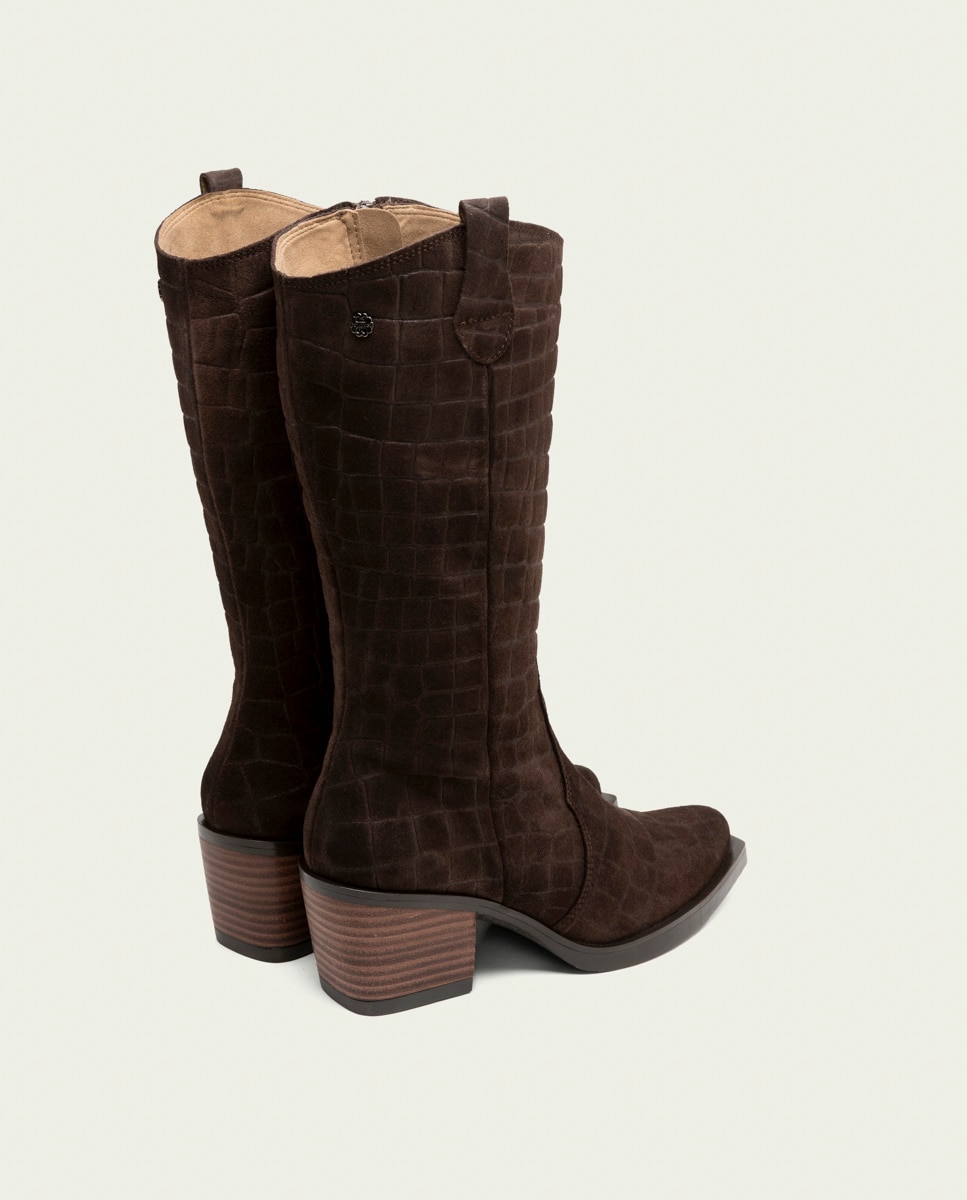 Bota cowboy de mujer de serraje grabado coco con cremallera - Porronet - Moka Moka-2