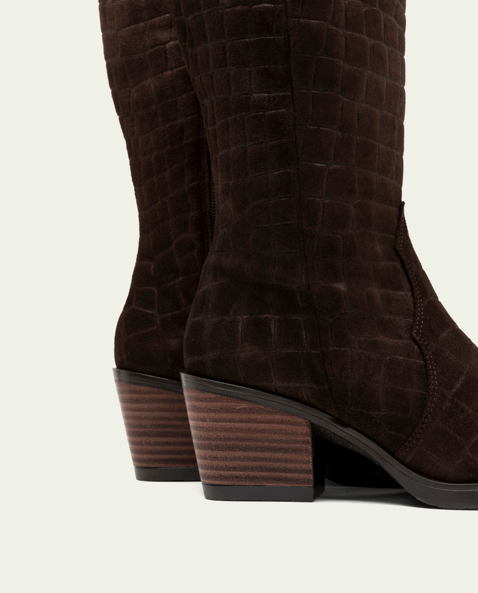 Bota cowboy de mujer de serraje grabado coco con cremallera - Porronet - Moka Moka-4