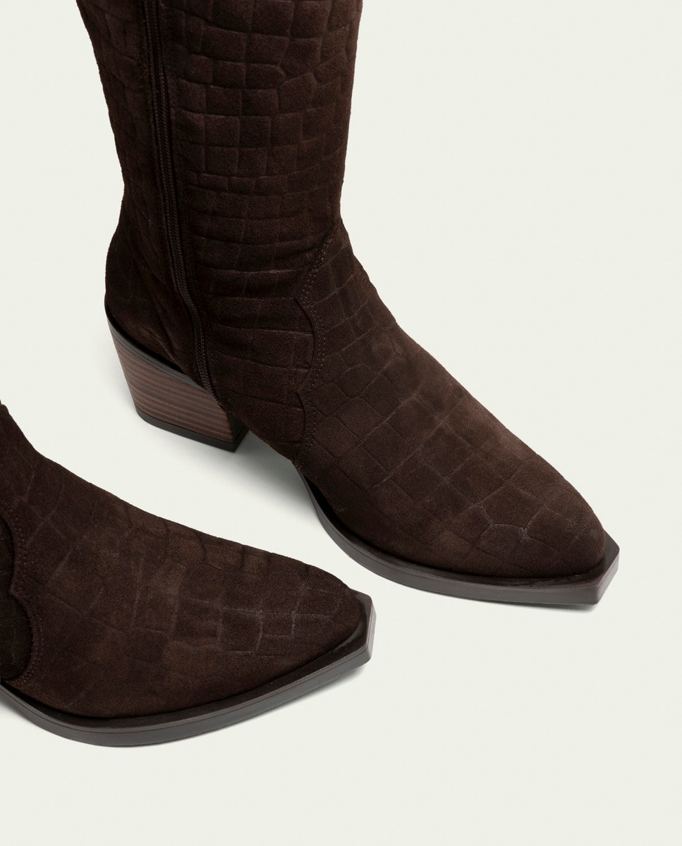 Bota cowboy de mujer de serraje grabado coco con cremallera - Porronet - Moka Moka-5