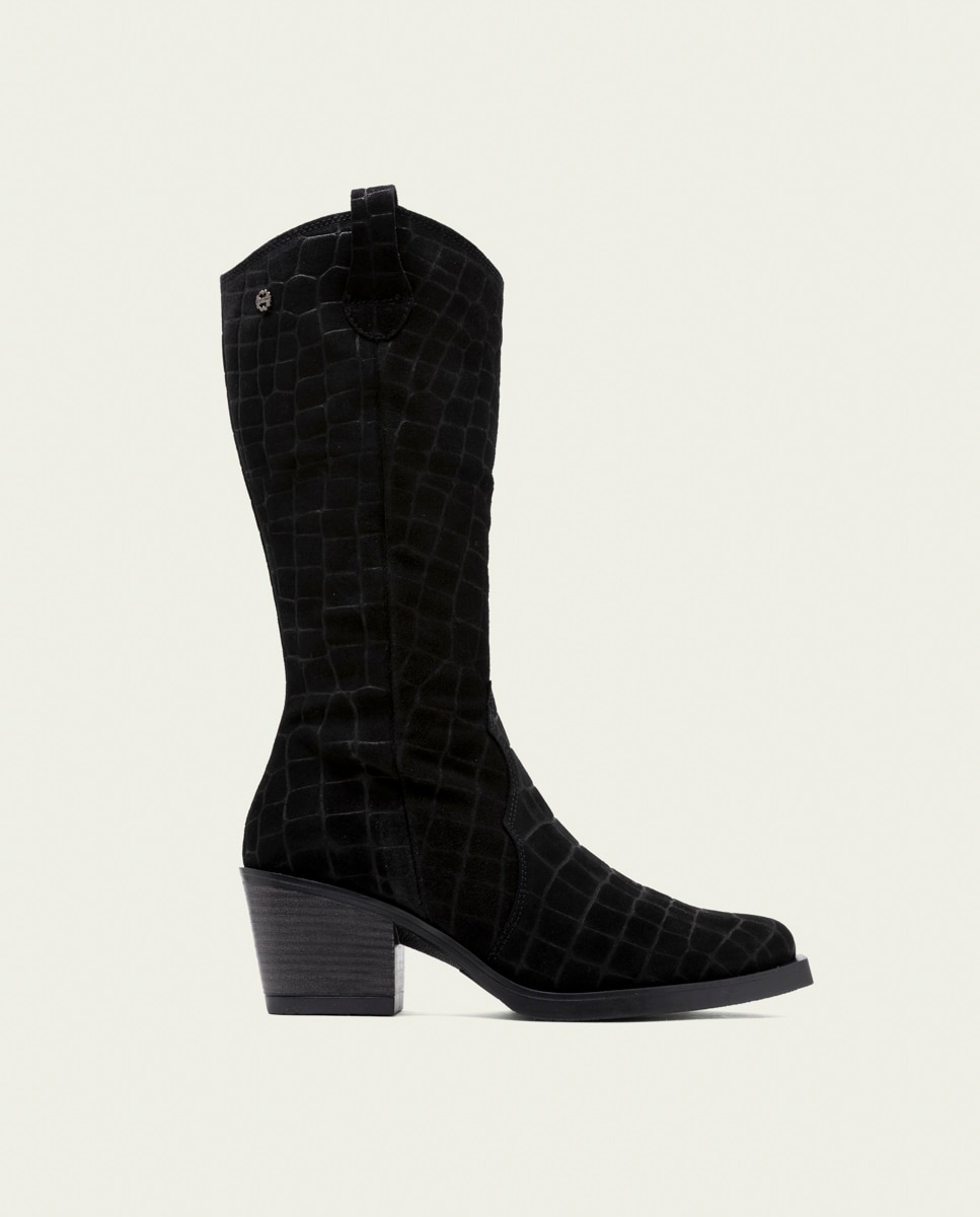 Bota cowboy de mujer de serraje grabado coco con cremallera - Porronet - Negro Negro-1