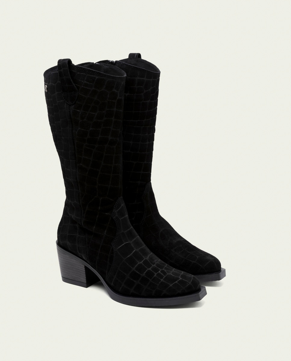 Bota cowboy de mujer de serraje grabado coco con cremallera - Porronet - Negro Negro-3