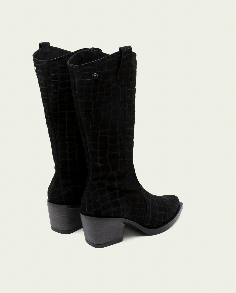 Bota cowboy de mujer de serraje grabado coco con cremallera - Porronet - Negro Negro-2