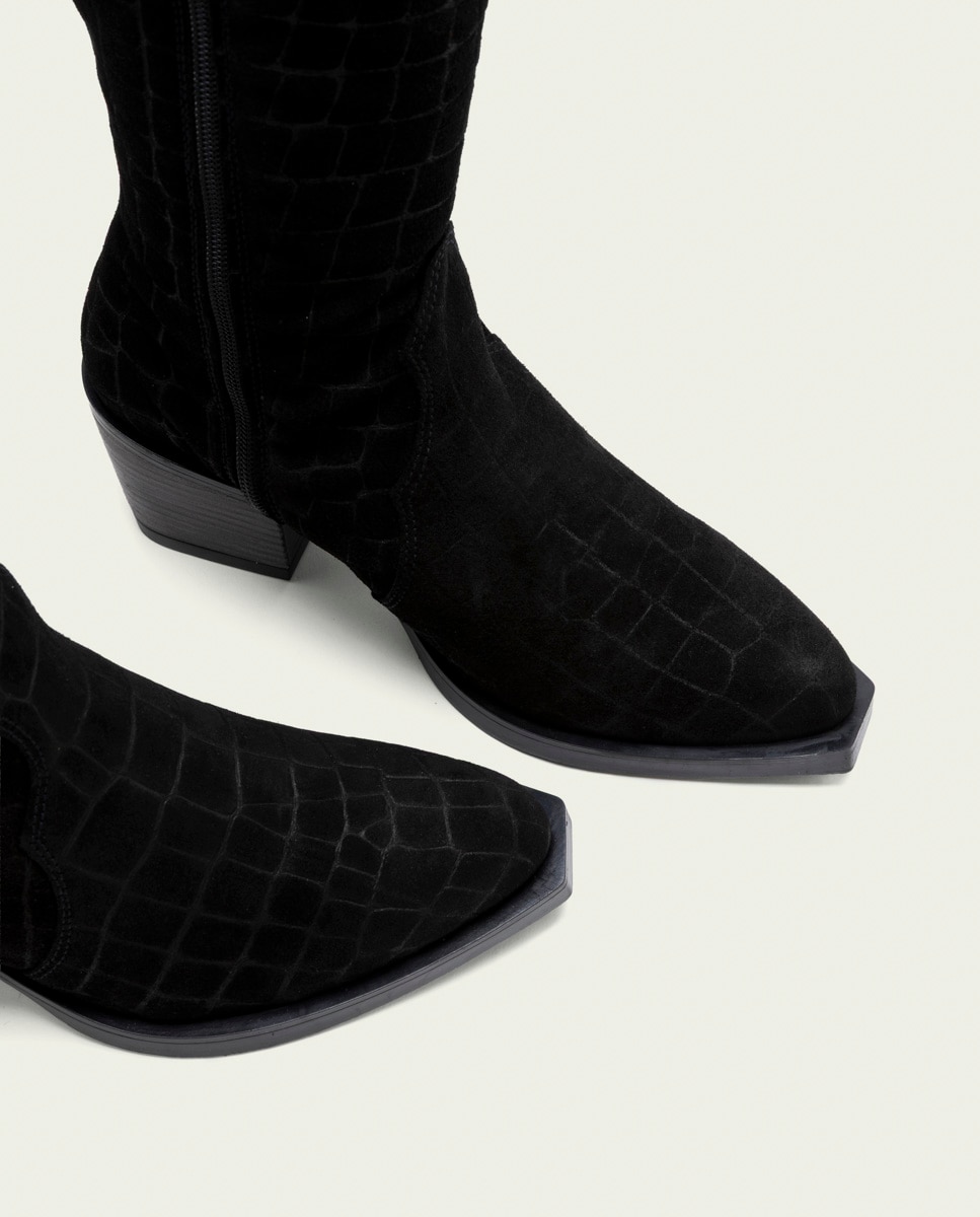 Bota cowboy de mujer de serraje grabado coco con cremallera - Porronet - Negro Negro-4