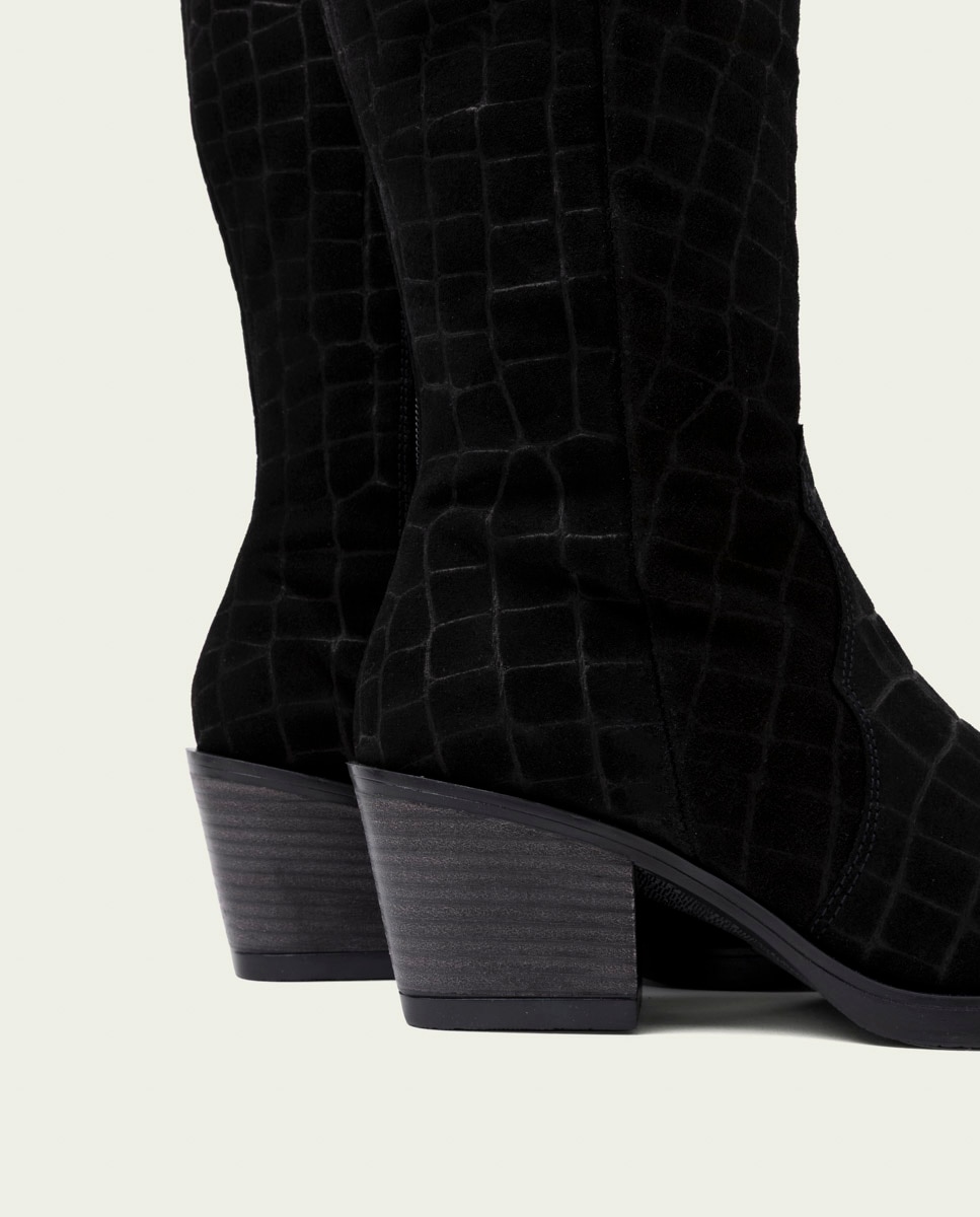 Bota cowboy de mujer de serraje grabado coco con cremallera - Porronet - Negro Negro-5