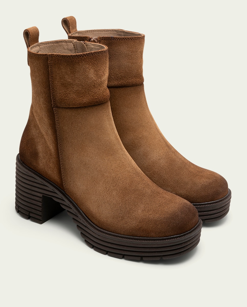 Botines con suela track de mujer de serraje con cremallera - Porronet - Cuero Cuero-3
