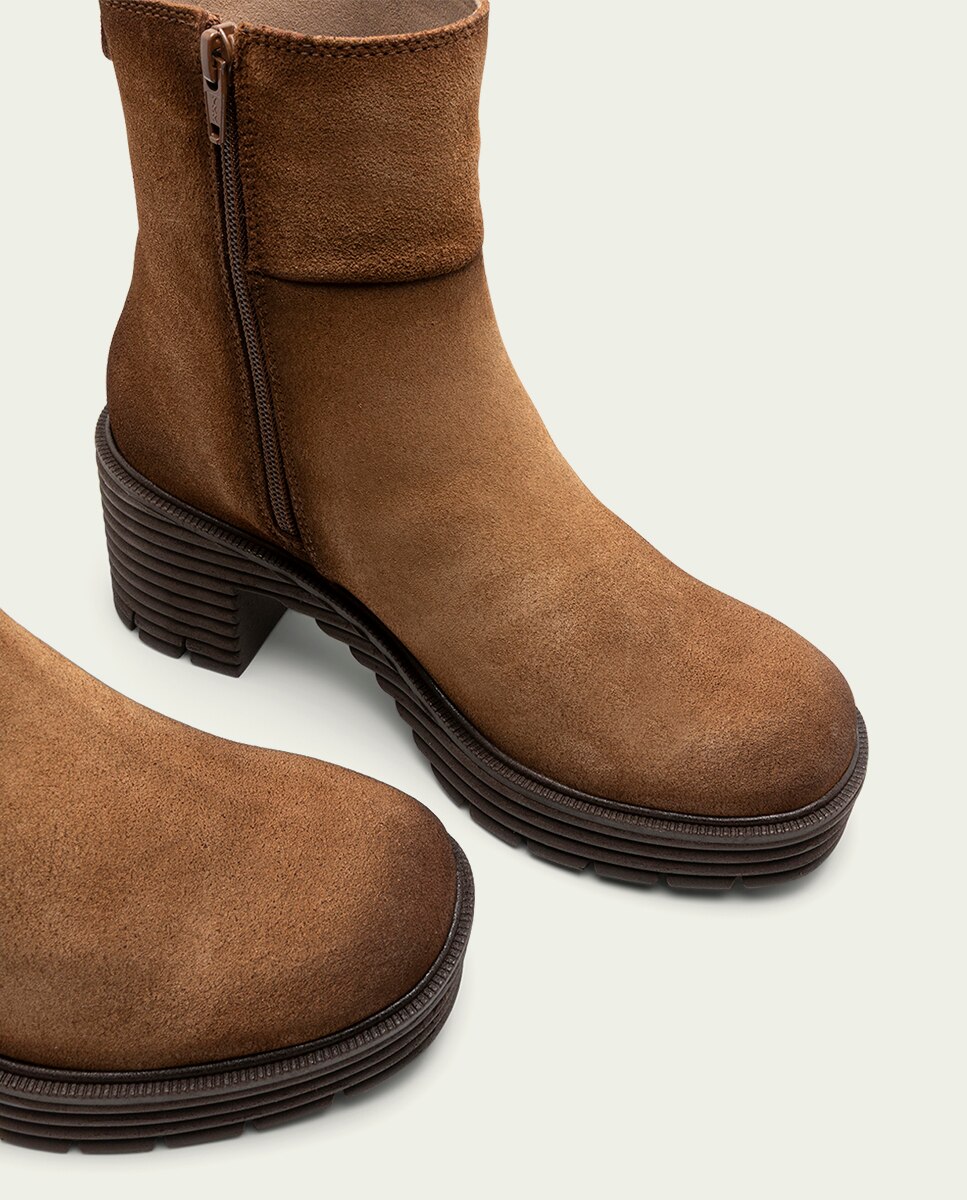 Botines con suela track de mujer de serraje con cremallera - Porronet - Cuero Cuero-4