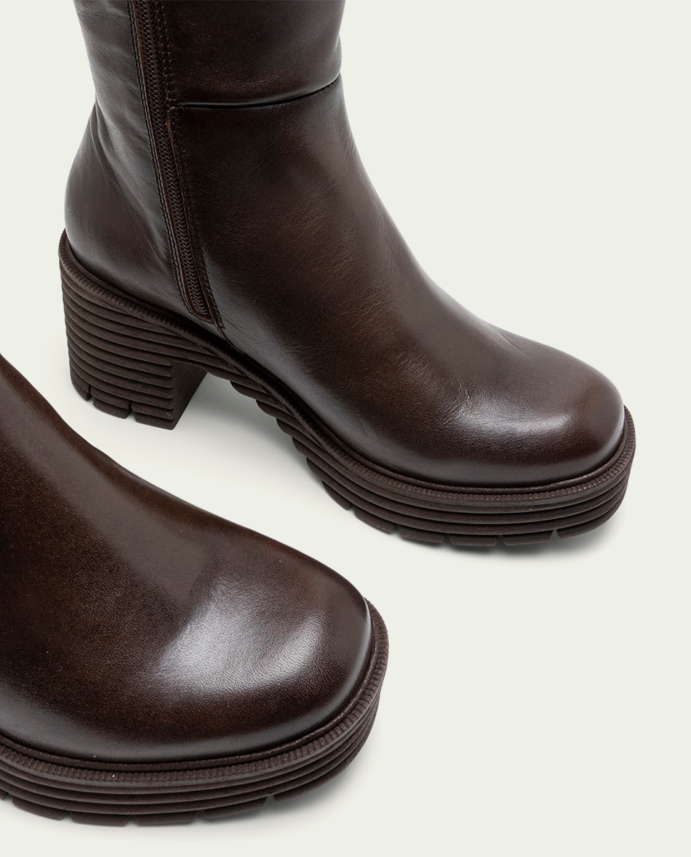 Bota con suela track de mujer de piel con cremallera - Porronet - Moka Moka-4