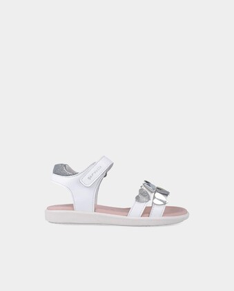 Sandalias De Piel Blanca Para Niña Con Detalles De Piedras Azules - Cierre Ajustable En Tobillo, Suela Flexible Y Plantilla Acolchada