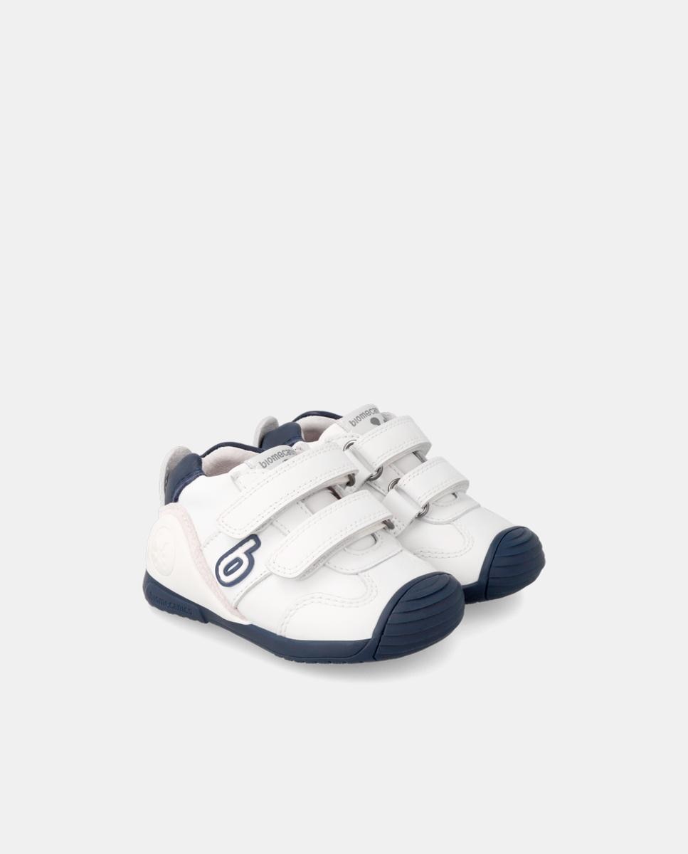 Zapatillas de bebés en piel con doble cierre adherente - Biomecanics - Blanco / Azul Blanco / Azul-2