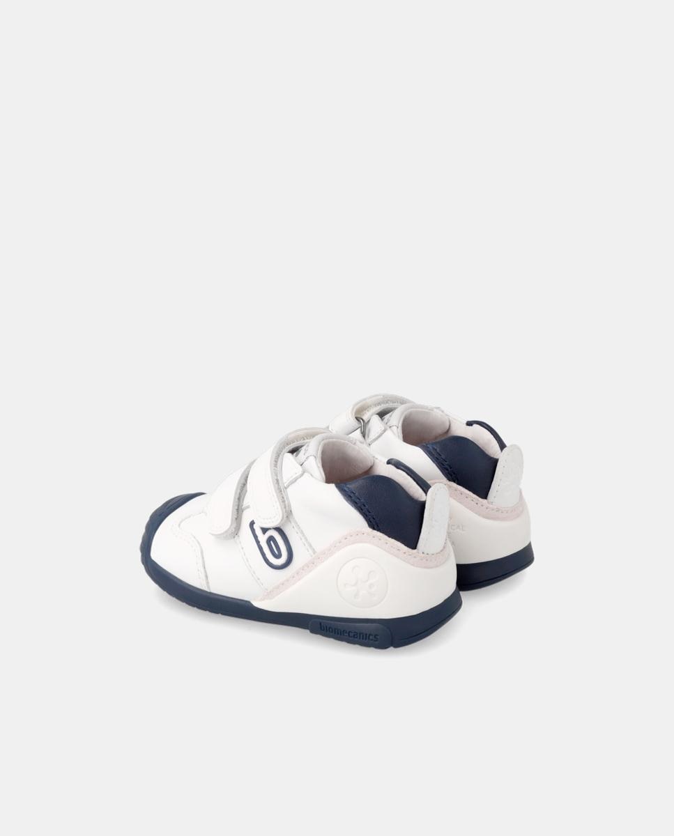 Zapatillas de bebés en piel con doble cierre adherente - Biomecanics - Blanco / Azul Blanco / Azul-3