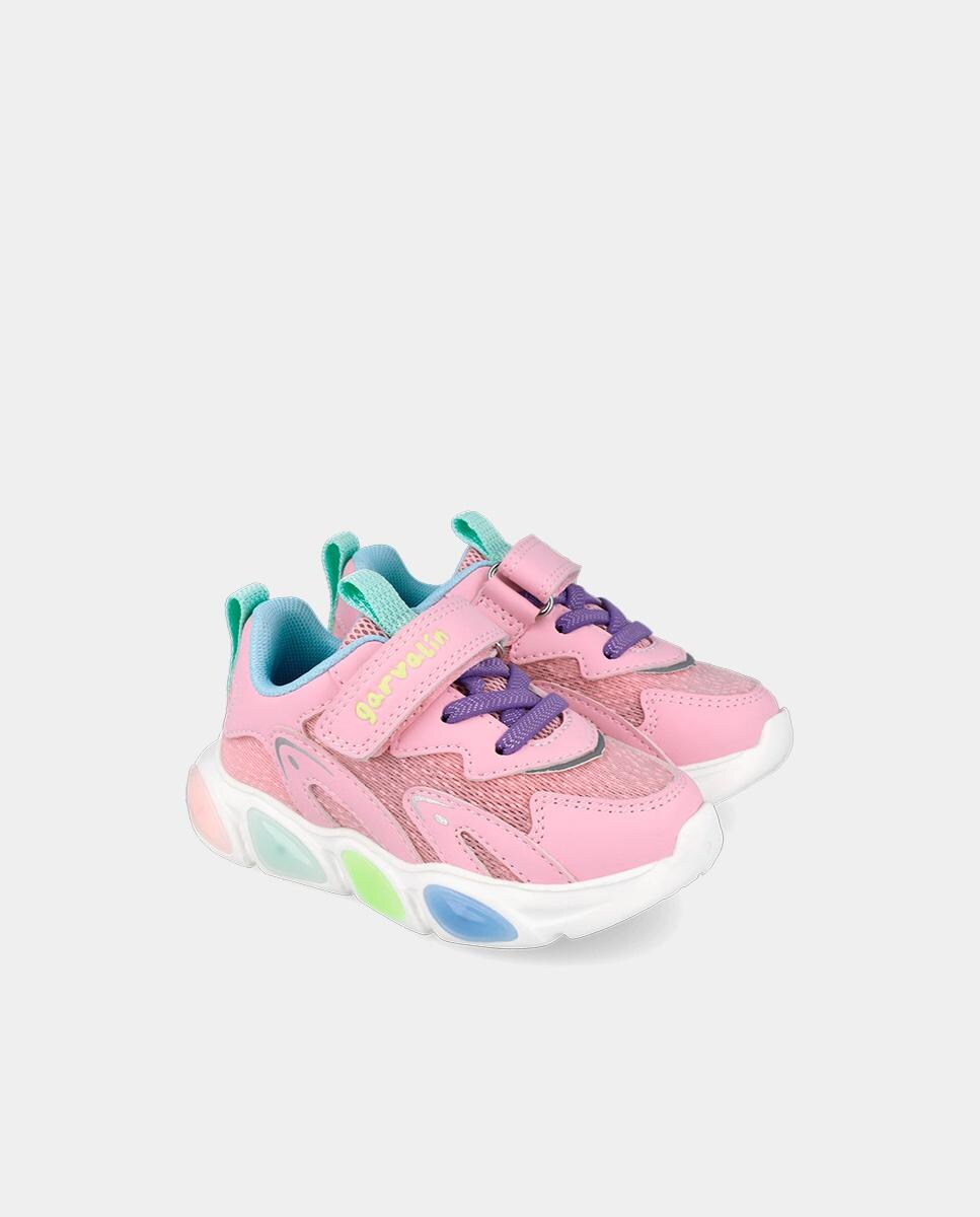 Zapatillas de luces de niña con cierre cordones-adherente en rosa