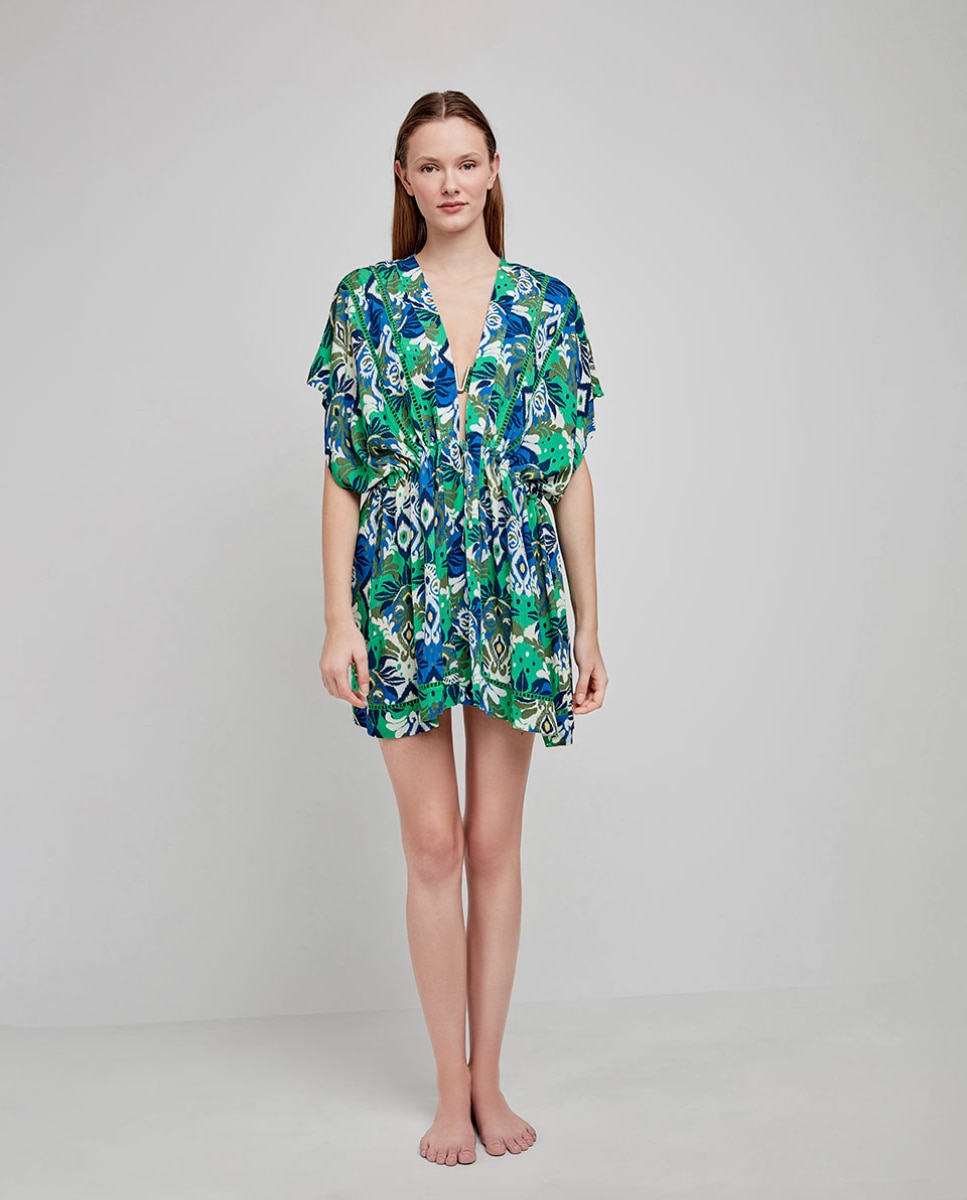 Caftán de playa corto en tejido estampado - Gisela - Multicolor Multicolor-1