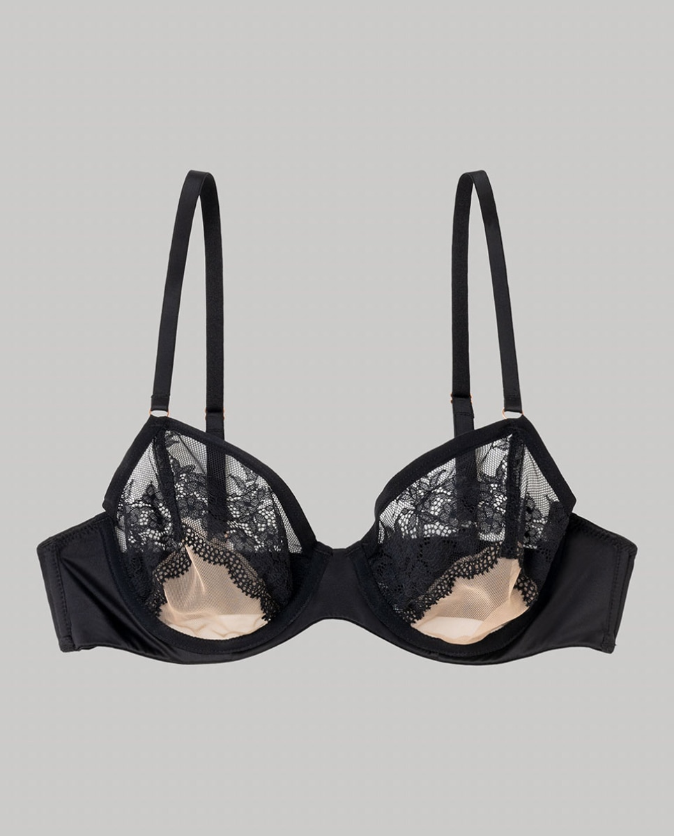 Sujetador de mujer con aro y sin foam en tejido de encaje transparente - Gisela - Negro Negro-5