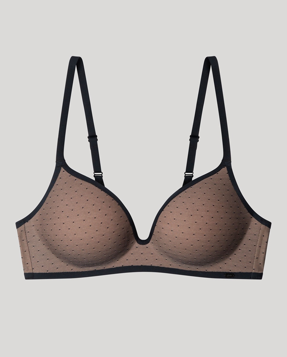 Sujetador de mujer sin aro con copa continua en tejido de plumetti - Gisela - Negro Negro-5