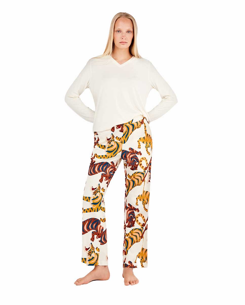 Pijama de mujer con camiseta de Encaje y pantalón estampado - Gisela - Blanco / Naranja Blanco / Naranja-1