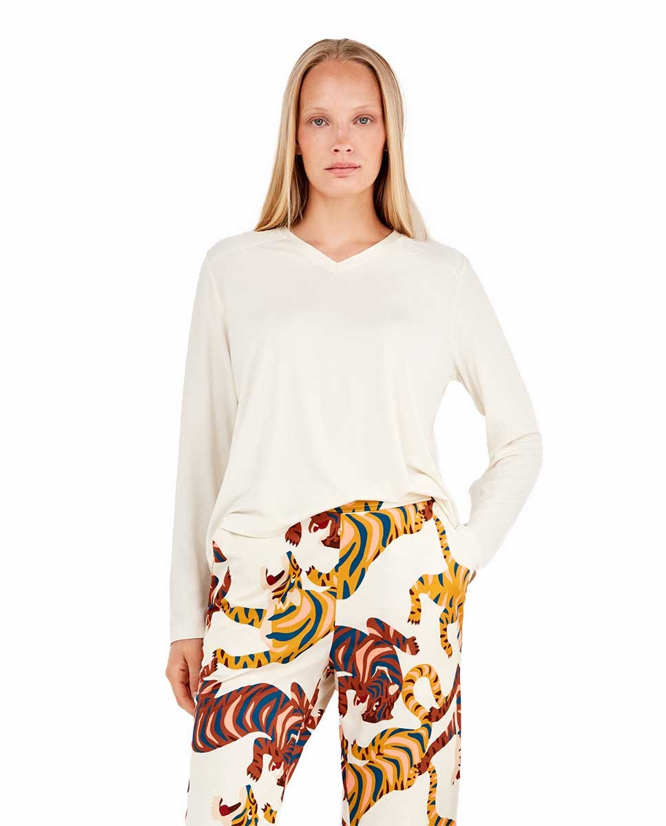 Pijama de mujer con camiseta de Encaje y pantalón estampado - Gisela - Blanco / Naranja Blanco / Naranja-2