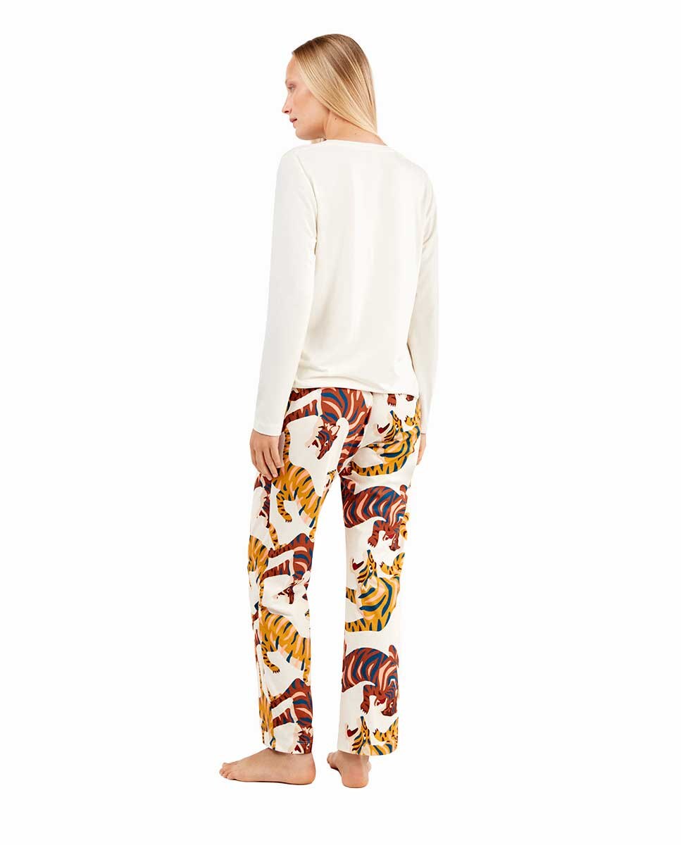 Pijama de mujer con camiseta de Encaje y pantalón estampado - Gisela - Blanco / Naranja Blanco / Naranja-4