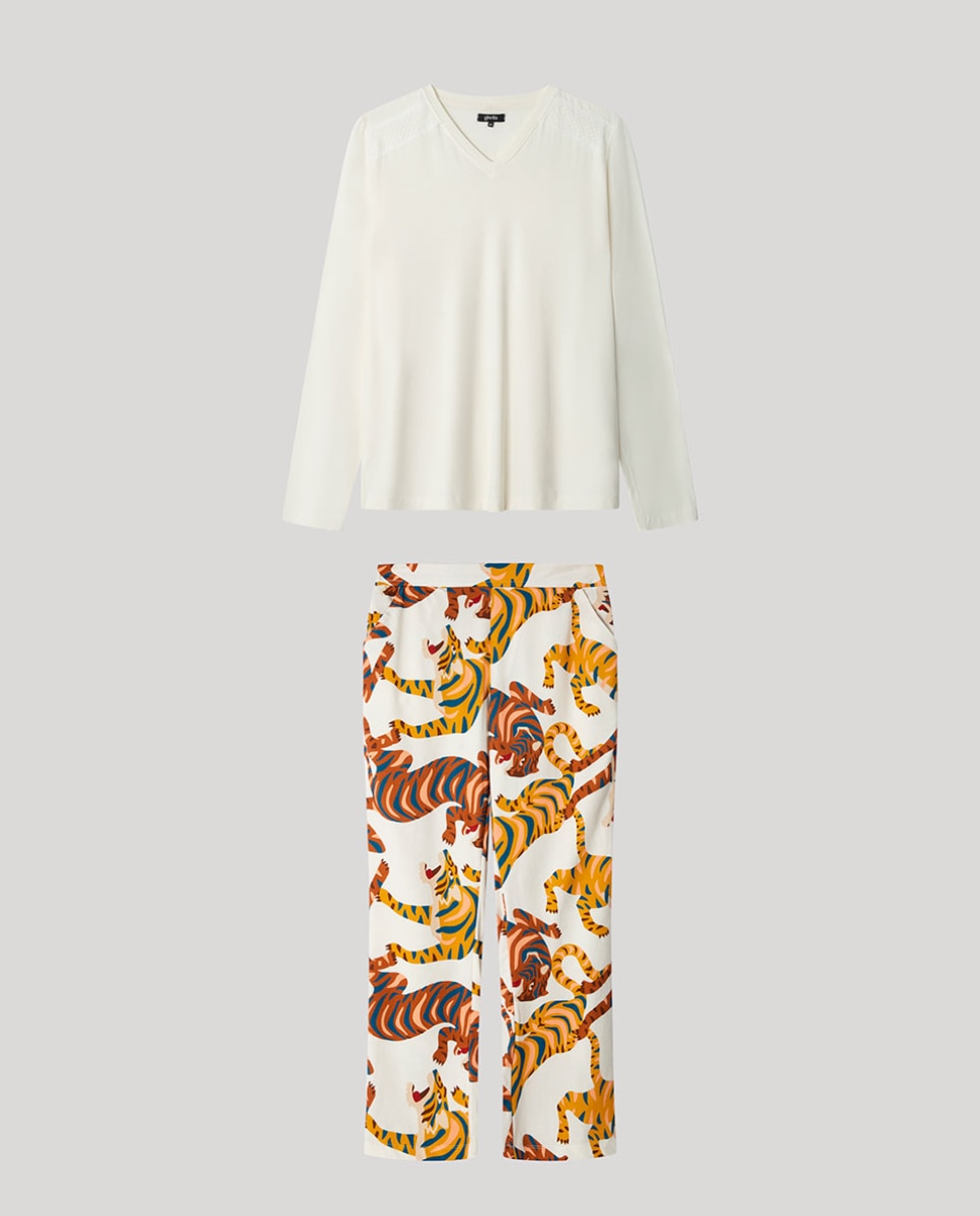 Pijama de mujer con camiseta de Encaje y pantalón estampado - Gisela - Blanco / Naranja Blanco / Naranja-5