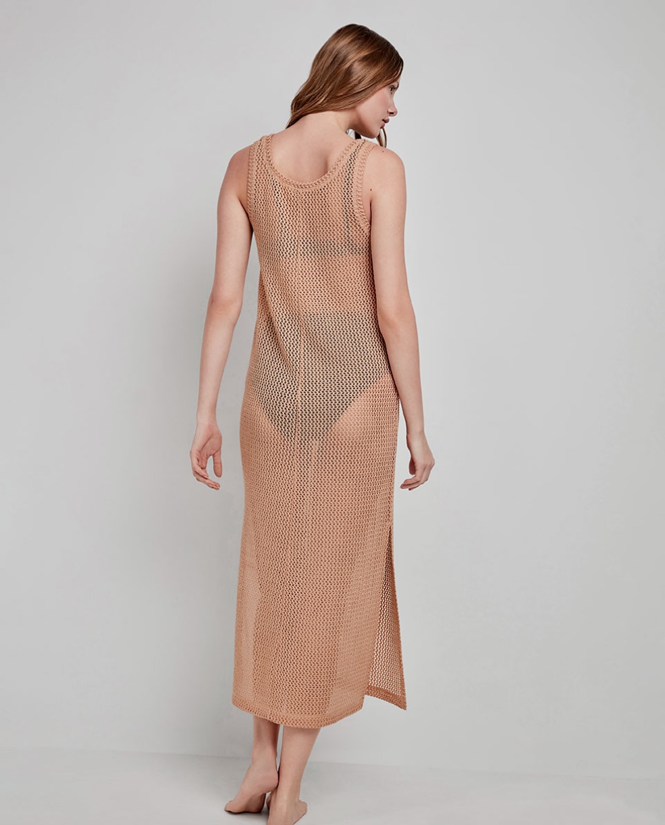 Vestido largo midi en tejido crochet - Gisela - Camel Camel-5
