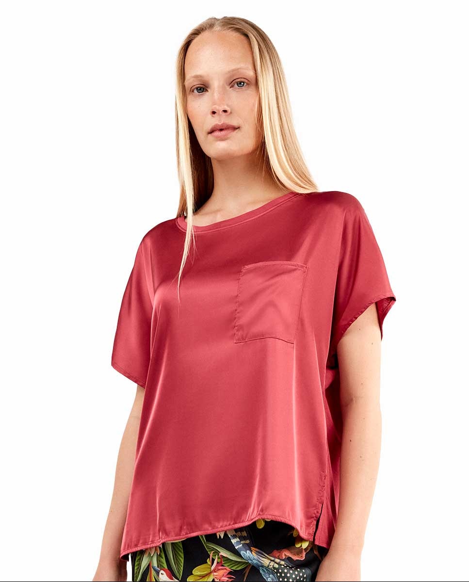 Camiseta de pijama de mujer en tejido satén - Gisela - Fresa Fresa-1