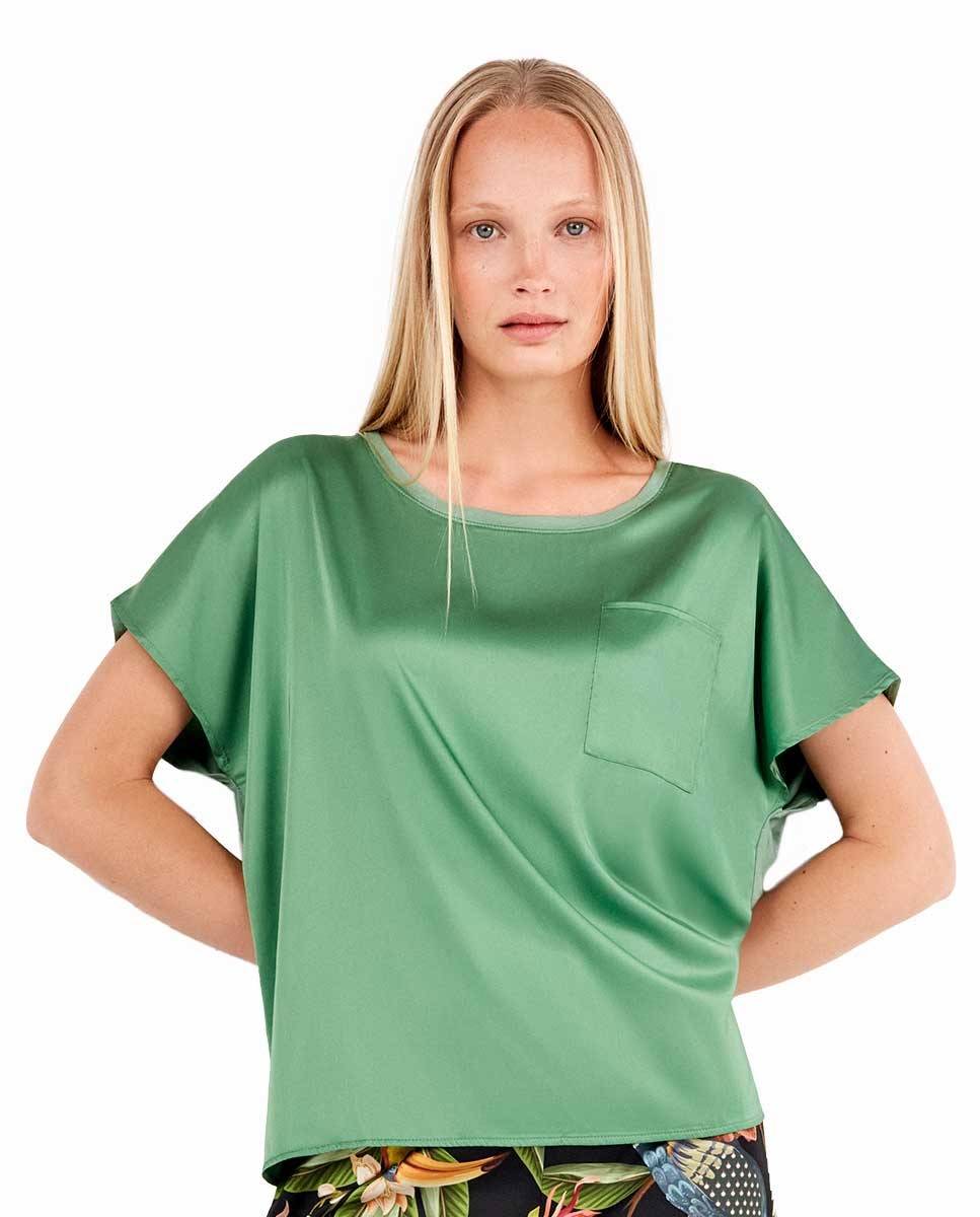 Camiseta de pijama de mujer en tejido satén - Gisela - Verde Verde-1