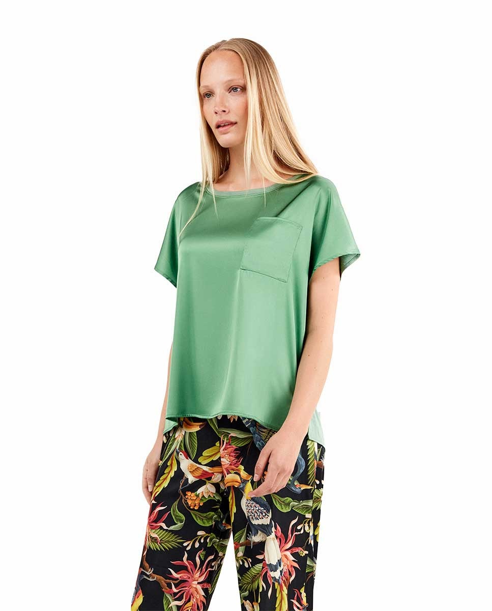 Camiseta de pijama de mujer en tejido satén - Gisela - Verde Verde-2