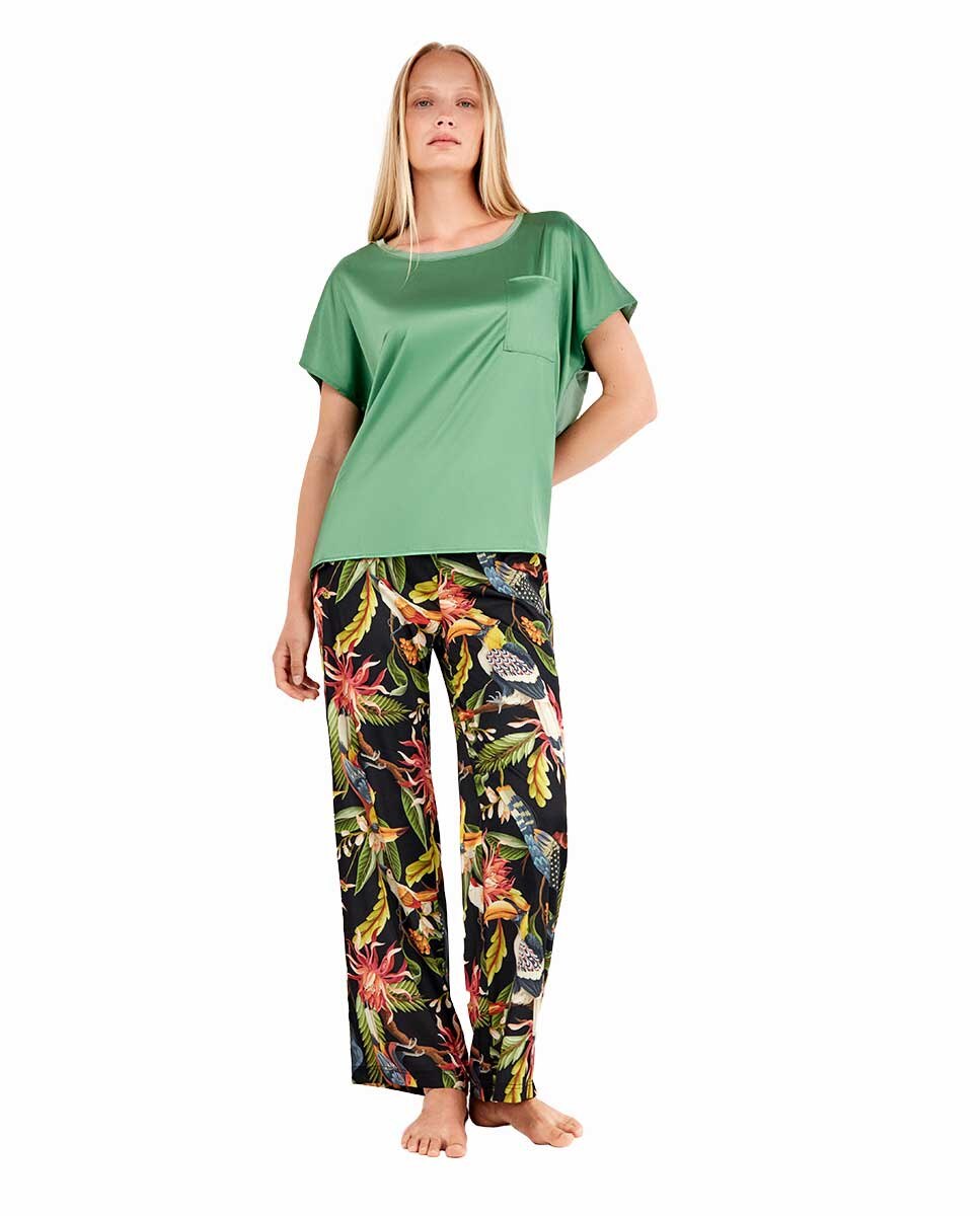 Camiseta de pijama de mujer en tejido satén - Gisela - Verde Verde-3