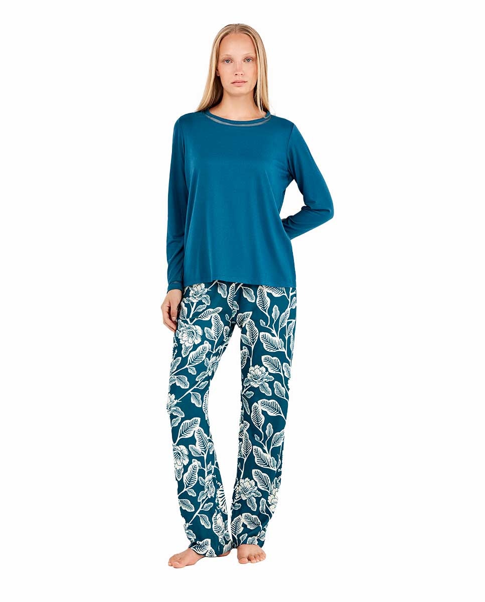 Pijama de mujer con pantalón estampado a contraste - Gisela - Azul oscuro Azul oscuro-1