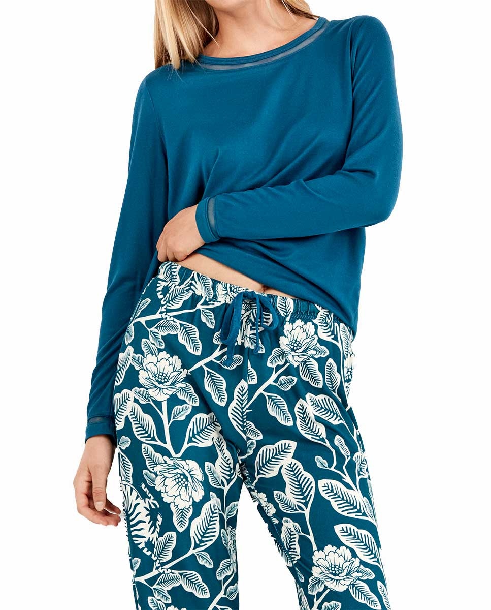 Pijama de mujer con pantalón estampado a contraste - Gisela - Azul oscuro Azul oscuro-3