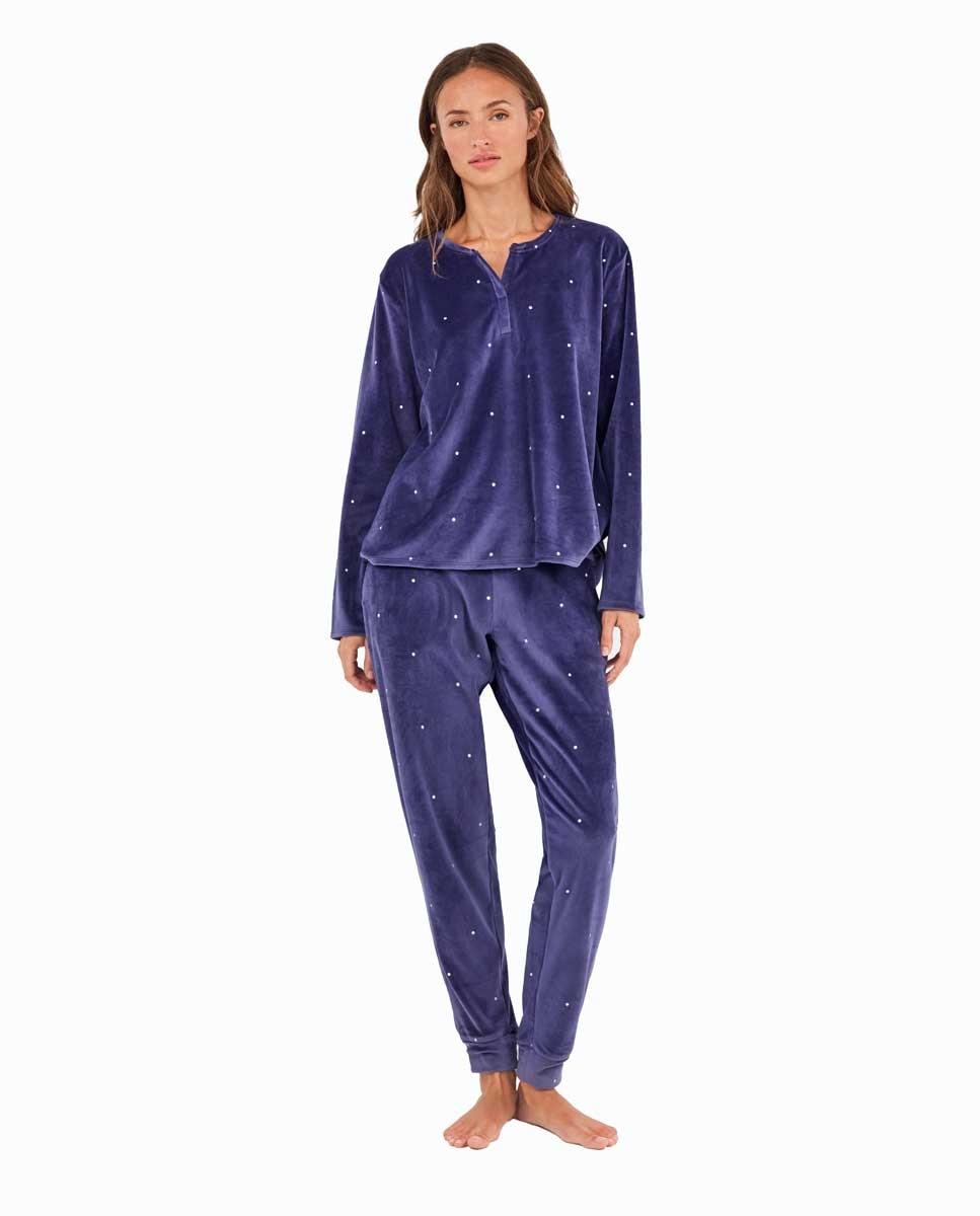 Pijama de mujer en tejido polar elástico - Gisela - Azul marino Azul marino-1