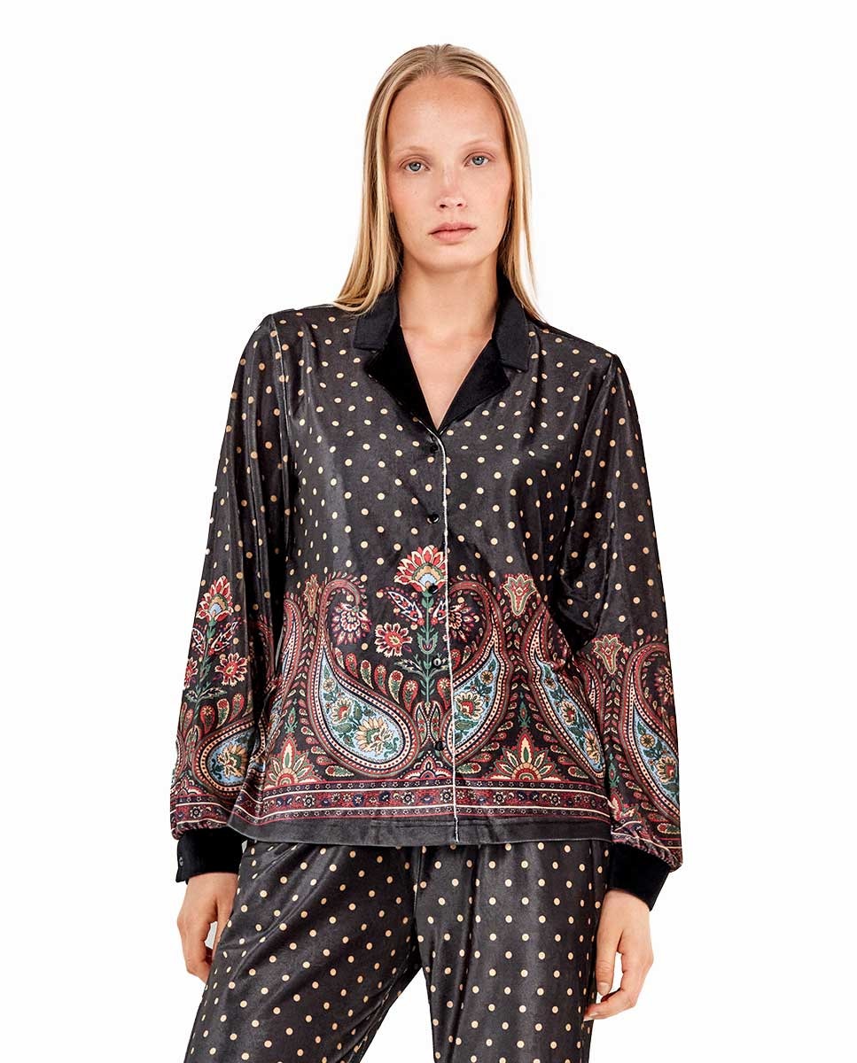 Camiseta de pijama de mujer de terciopelo con topitos y estampado oriental - Gisela - Multicolor Multicolor-1
