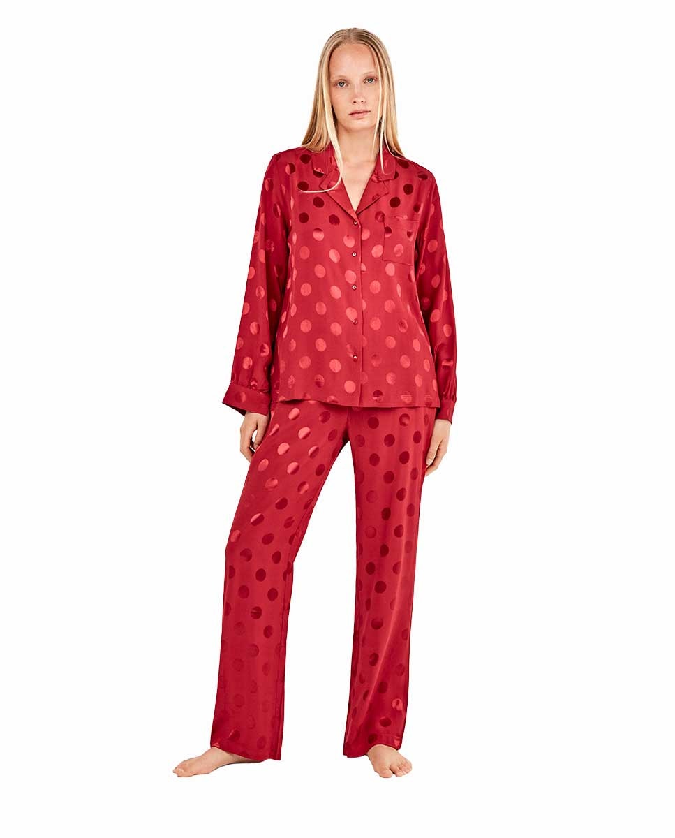 Pijama camisero de mujer con topitos - Gisela - Granate Granate-1