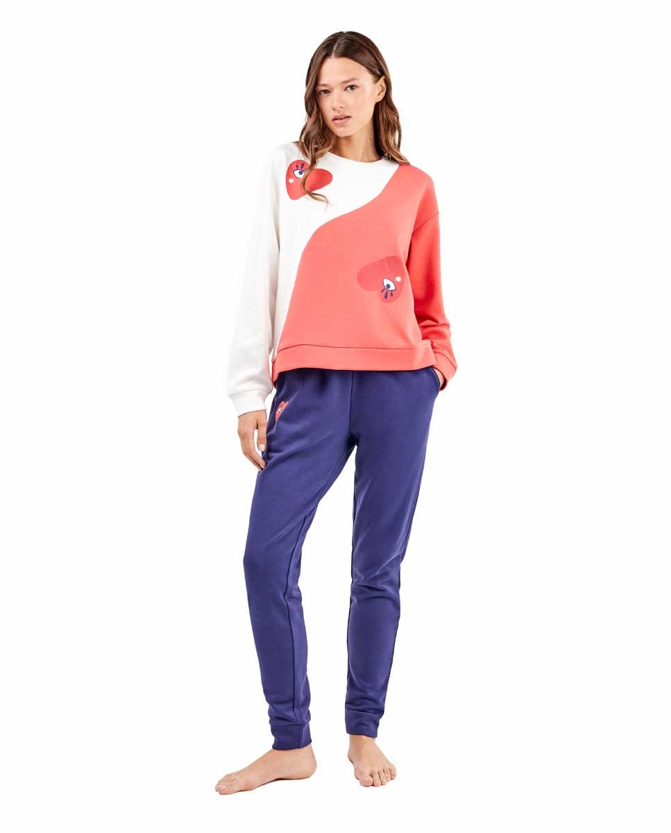 Pijama de mujer con patalón a contraste - Gisela - Blanco / Naranja Blanco / Naranja-1