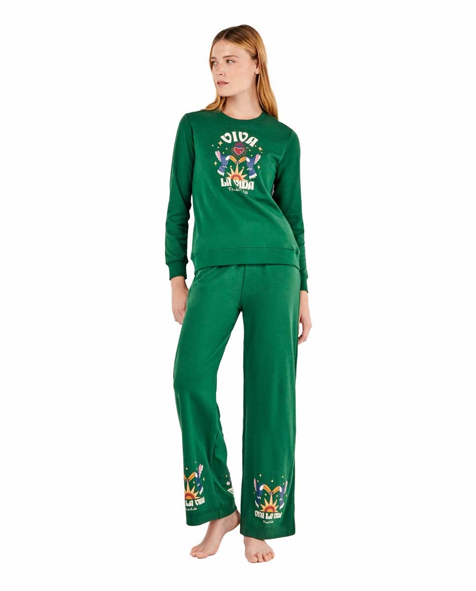 Pijama de mujer con sudadera y pantalón de Frida Kahlo - Gisela - Verde Verde-1