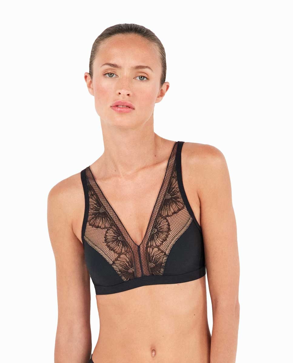 Sujetador bralette de mujer sin relleno con tejido laminado - Gisela - Negro Negro-1