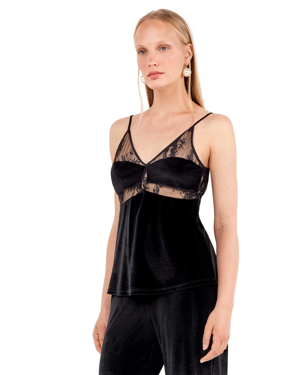 Top de terciopelo suave con detalles de encaje refinado - Gisela - Negro Negro-2