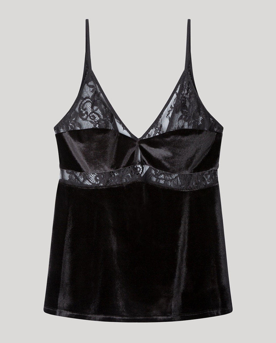 Top de terciopelo suave con detalles de encaje refinado - Gisela - Negro Negro-5