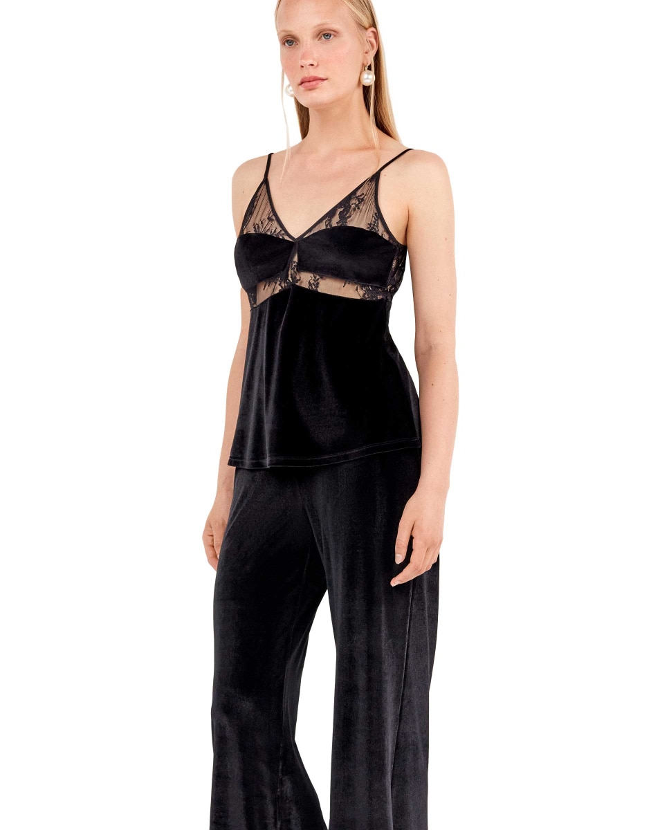 Pantalón largo de terciopelo elástico con diseño elegante - Gisela - Negro Negro-2