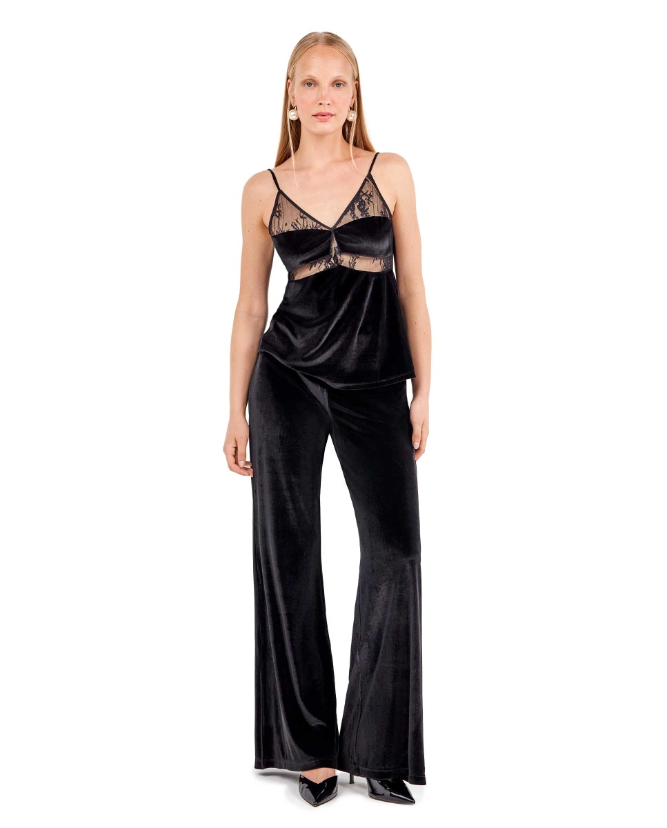 Pantalón largo de terciopelo elástico con diseño elegante - Gisela - Negro Negro-4