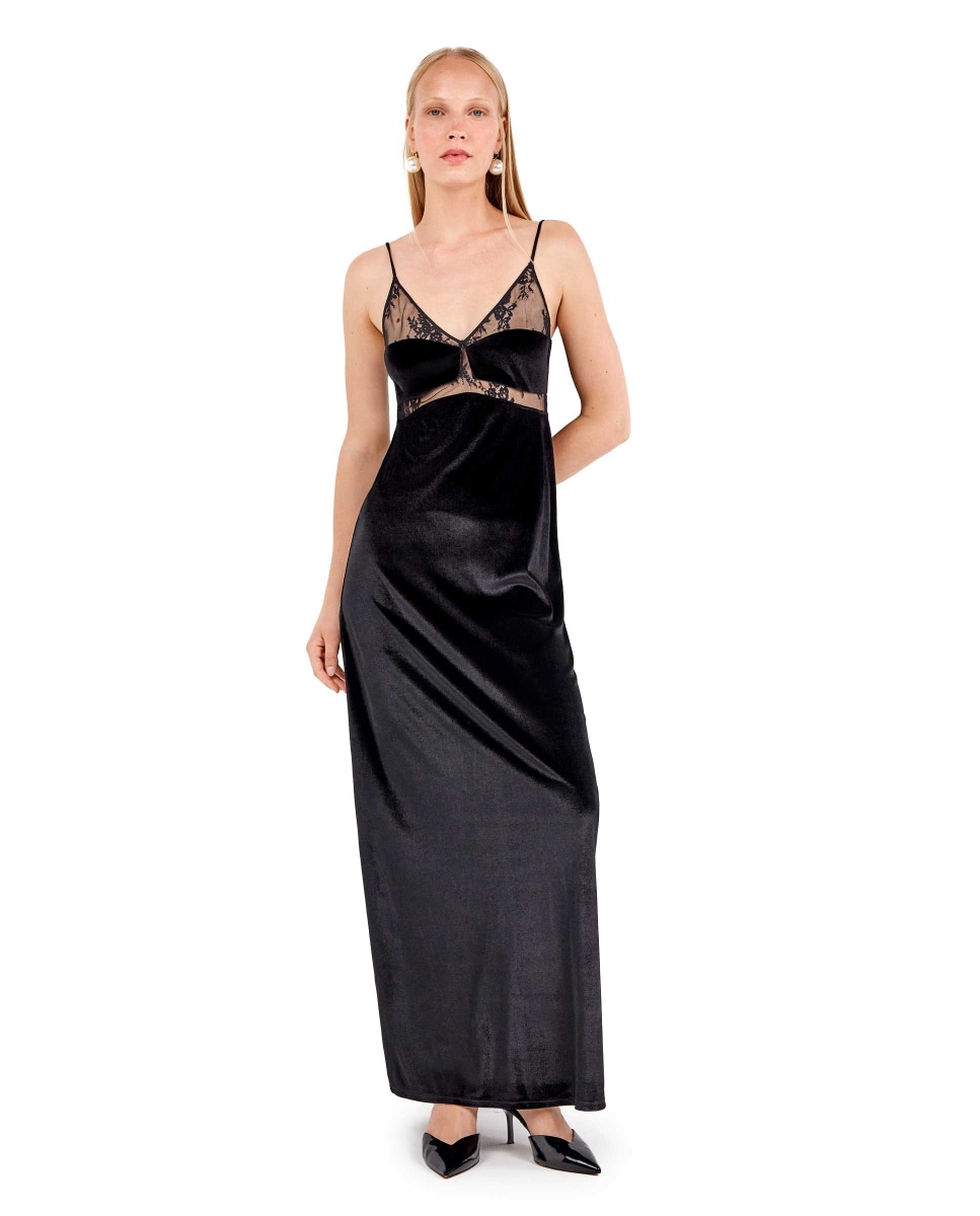 Imagen 0 de Vestido largo de terciopelo con caída fluida y sofisticada Negro