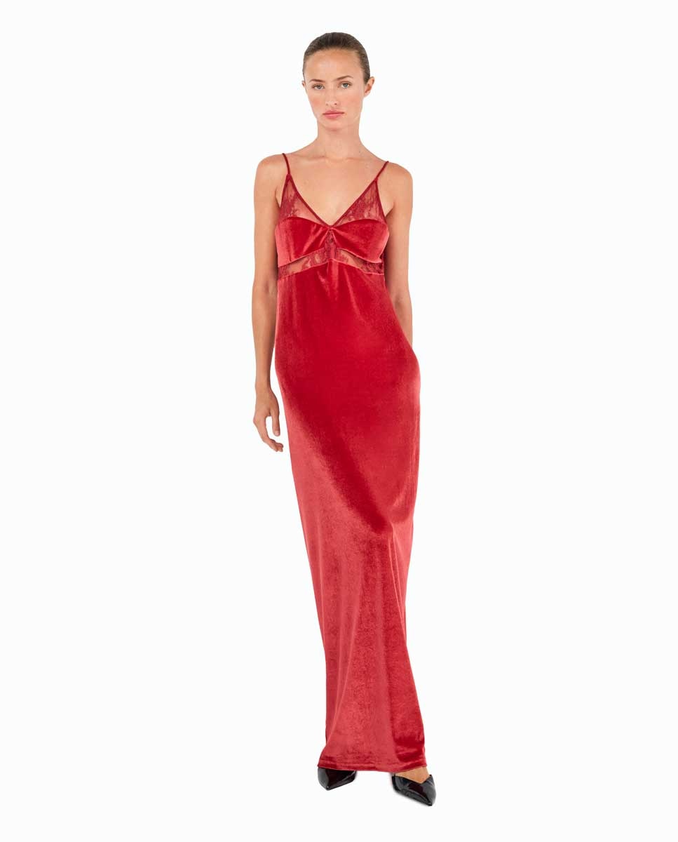 Vestido largo de terciopelo con caída fluida y sofisticada - Gisela - Rojo Rojo-1