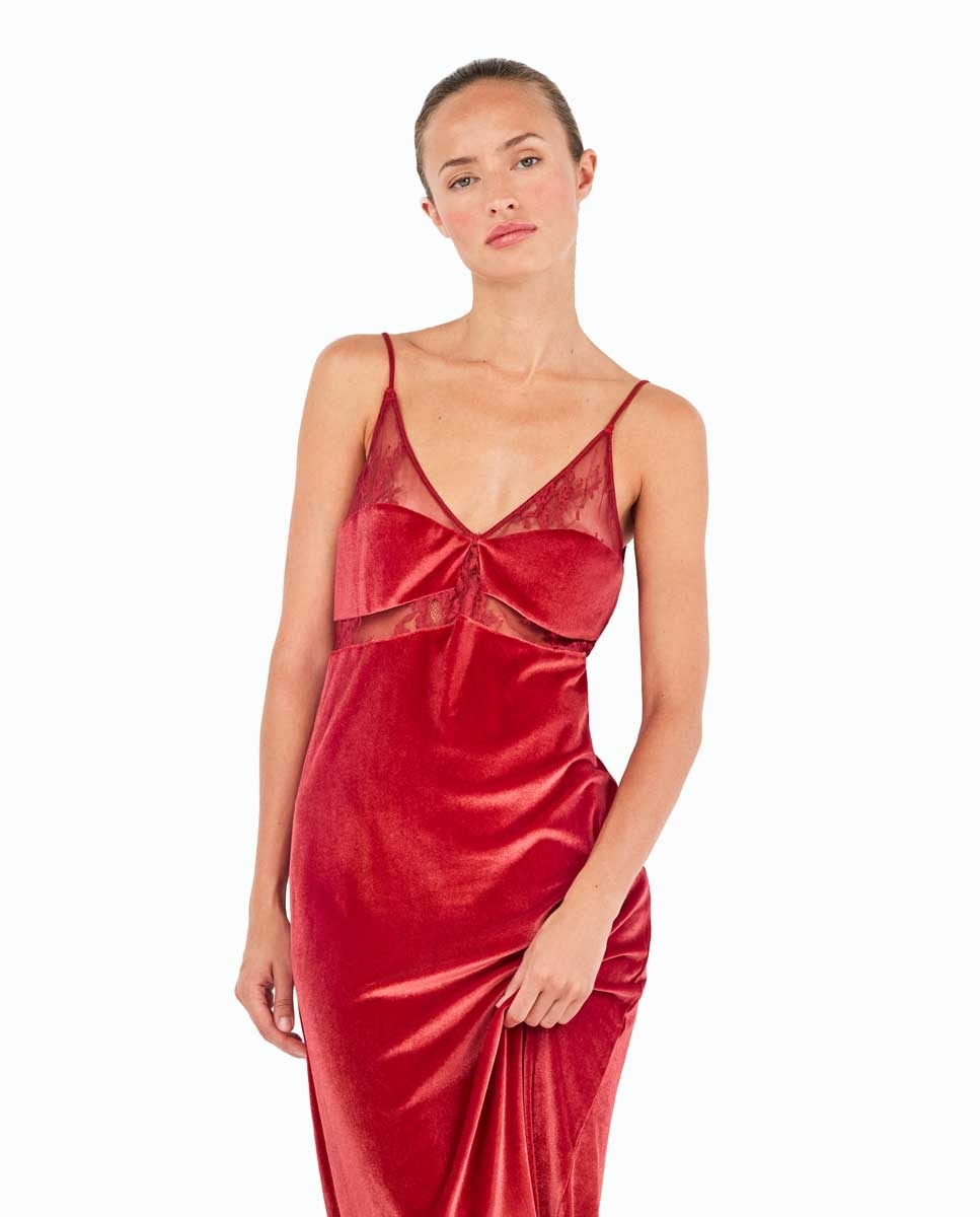 Vestido largo de terciopelo con caída fluida y sofisticada - Gisela - Rojo Rojo-2