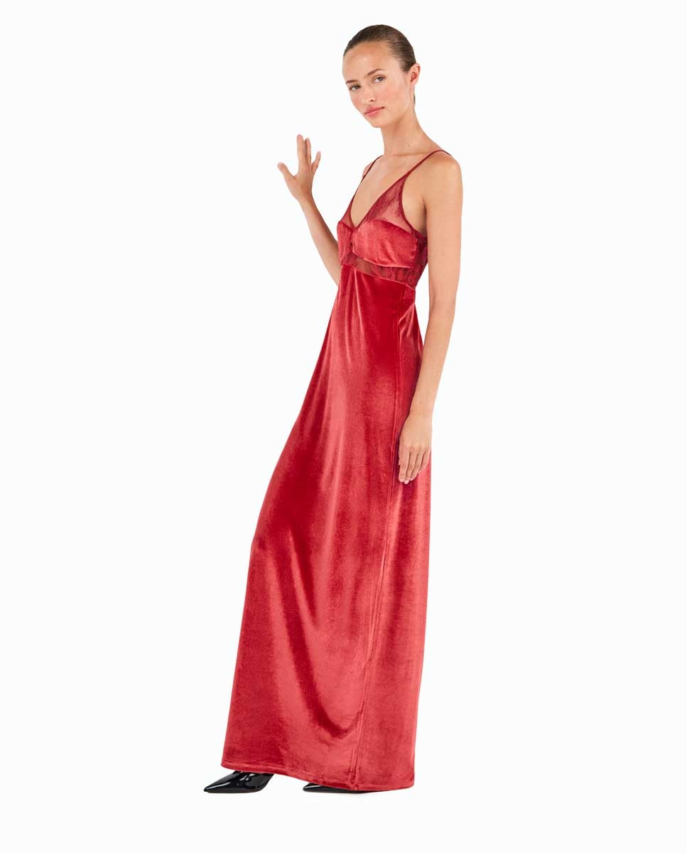 Vestido largo de terciopelo con caída fluida y sofisticada - Gisela - Rojo Rojo-3