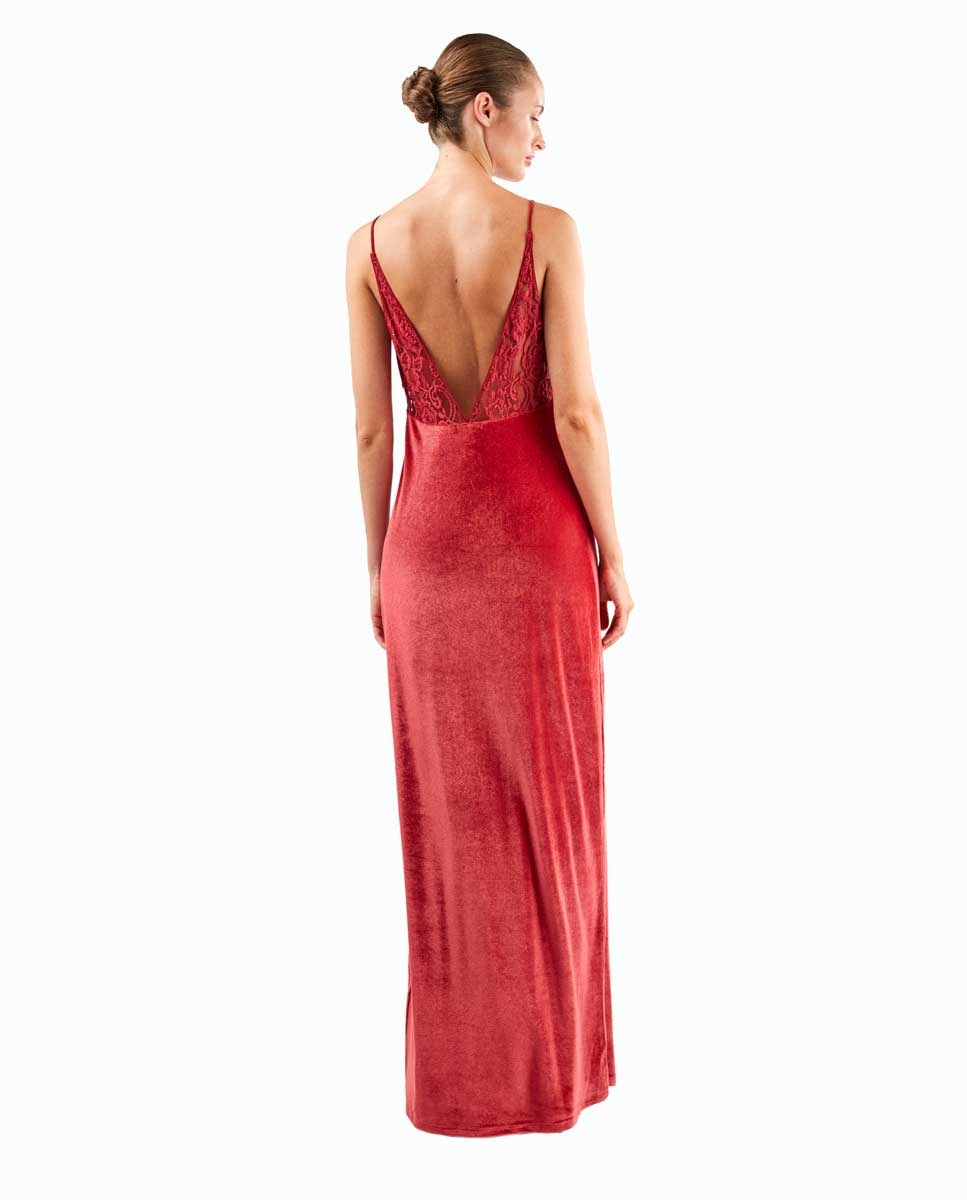 Vestido largo de terciopelo con caída fluida y sofisticada - Gisela - Rojo Rojo-4
