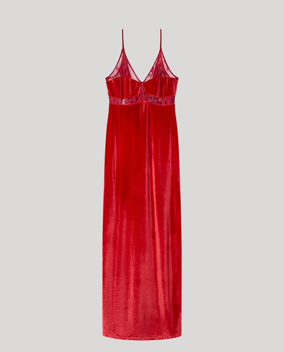 Vestido largo de terciopelo con caída fluida y sofisticada - Gisela - Rojo Rojo-5