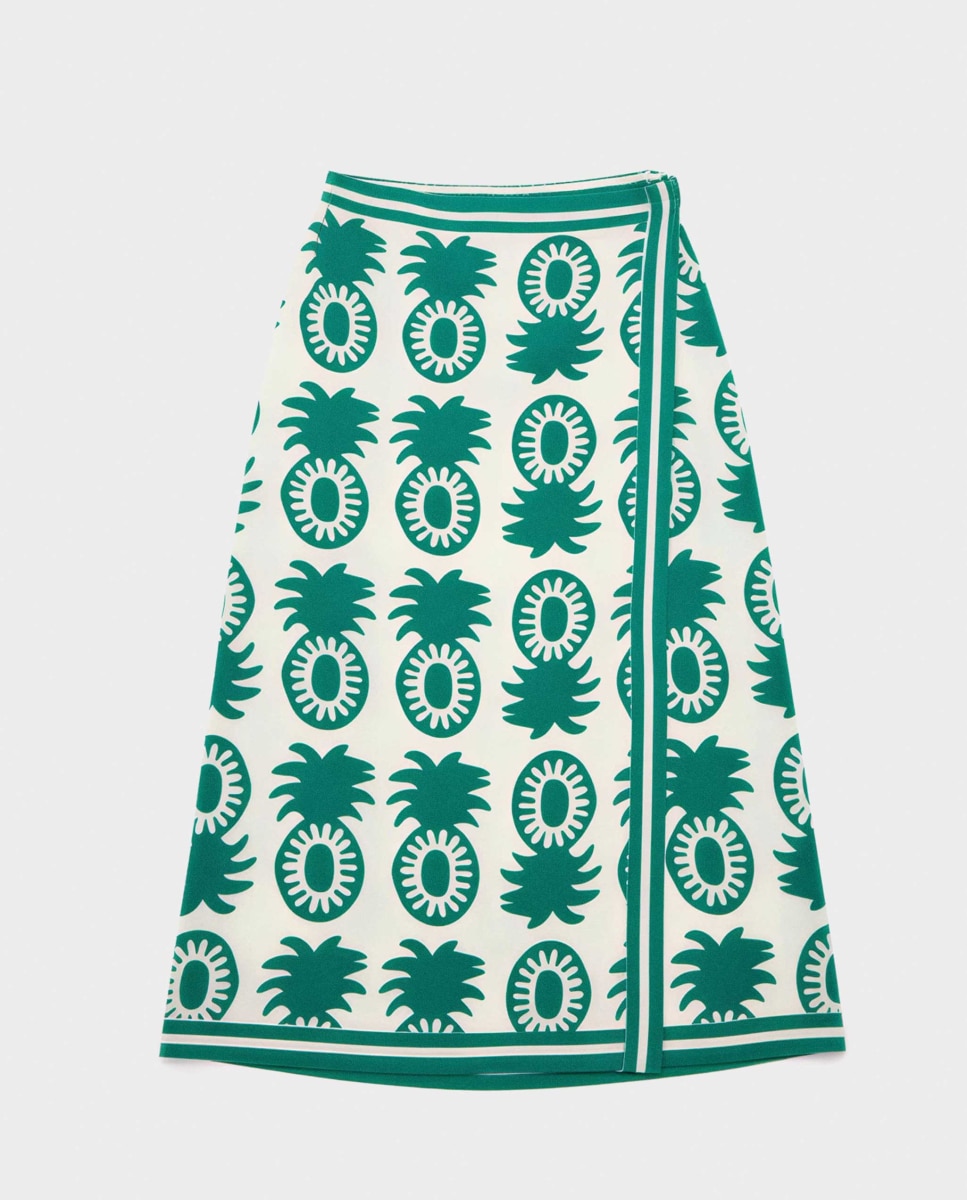 Falda larga de mujer tipo pareo en tejido estampado - Gisela - Verde Verde-5